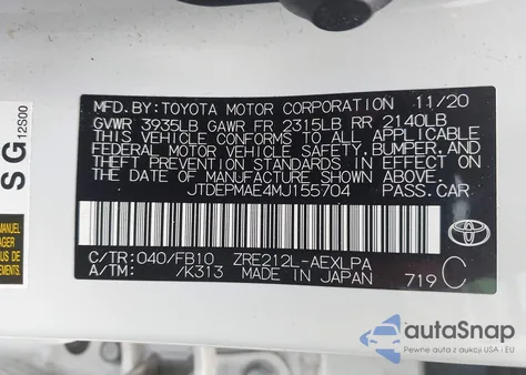 2021 Toyota Corolla Le из США, поврежденный, VIN JTDEPMAE4MJ155704